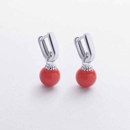 Сережки з коралом (біле золото) с08580