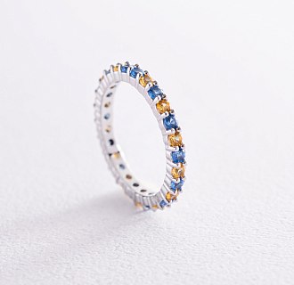 Кольцо с дорожкой голубых и желтых камней (белое золото) 815б