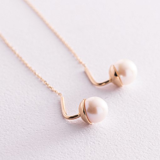 Золотые серьги - протяжки с жемчугом с07654 2