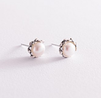 Срібні сережки - пусети з перлами 123065 №3