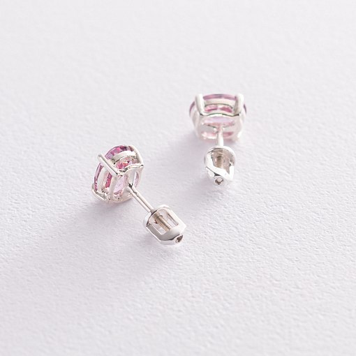 Срібні сережки-пусети з рожевими топазами 121967 4