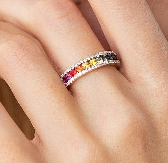 Золотое кольцо с разноцветными сапфирами и бриллиантами кб0435nl №9