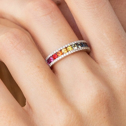 Золотое кольцо с разноцветными сапфирами и бриллиантами кб0435nl 9