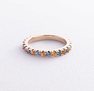 Кольцо с дорожкой голубых и желтых камней (желтое золото) 815ж №5
