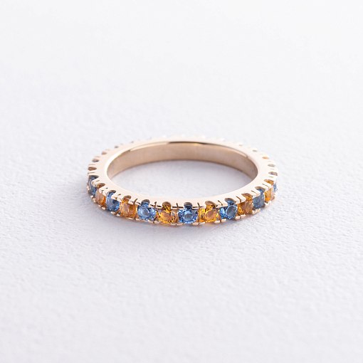 Кольцо с дорожкой голубых и желтых камней (желтое золото) 815ж 5