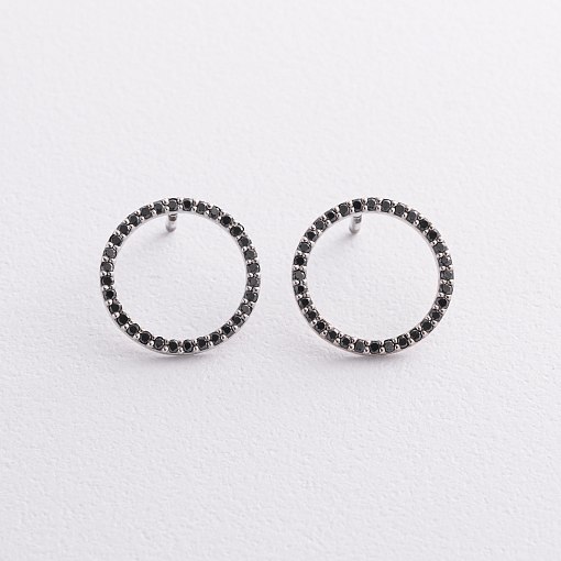 Золотые серьги - пусеты "Круговорот" (черные бриллианты) сб0485м