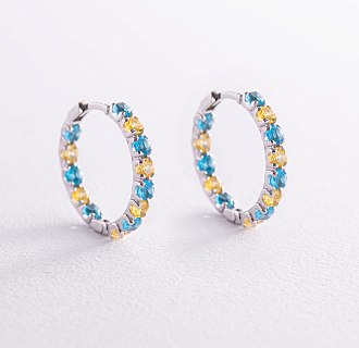 Срібні сережки - кільця з блакитними та жовтими фіанітами OR126610