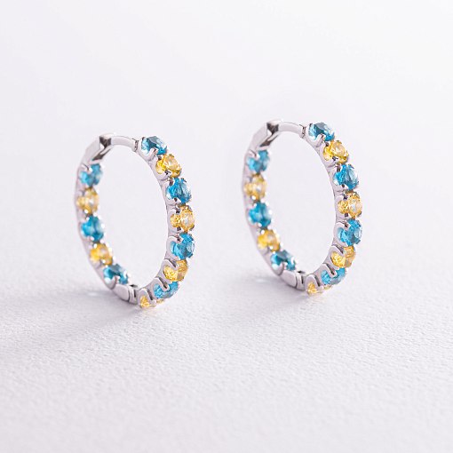 Серебряные серьги - кольца с голубыми и желтыми фианитами OR126610