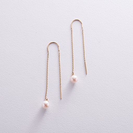 Сережки - протяжки з перлами (жовте золото) с08266 2