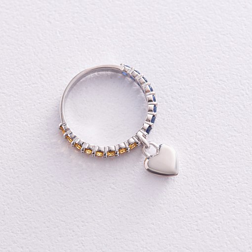 Серебряное кольцо "Сердечко" с синими и желтыми камнями 069890 3