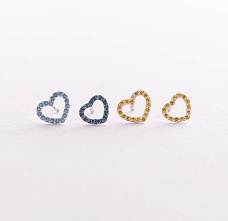 Золотые серьги - пусеты "Сердечки" с голубыми и желтыми бриллиантами 327111121 №7