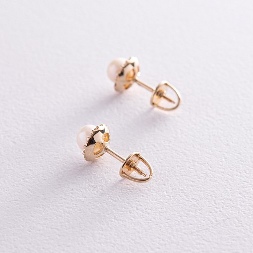 Золоті сережки - пусети з перлами і фіанітами с08168 2