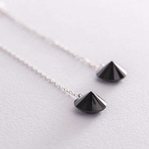 Срібні сережки з чорними каменями на ланцюжку 122926 8
