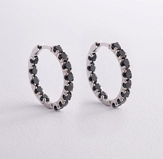 Срібні сережки - кільця з чорними фіанітами 087610 №5