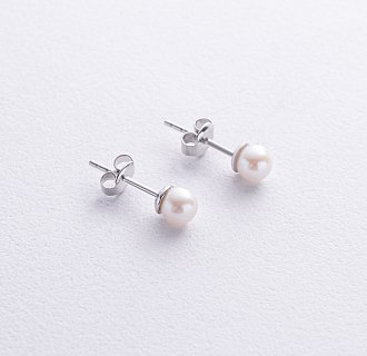 Сережки - пусети з перлами (біле золото) с08914 №3