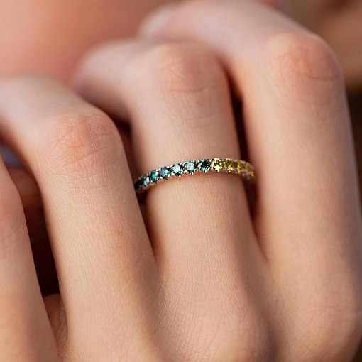 Золотое кольцо с дорожкой камней (синие и желтые бриллианты) кб0507di 9