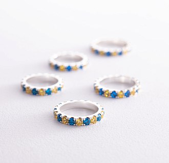 Серебряное кольцо с дорожкой голубых и желтых камней 112664 №3
