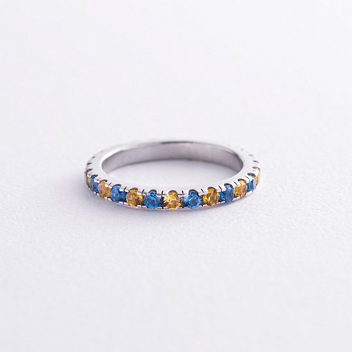 Серебряное кольцо с дорожкой голубых и желтых камней 8151 3