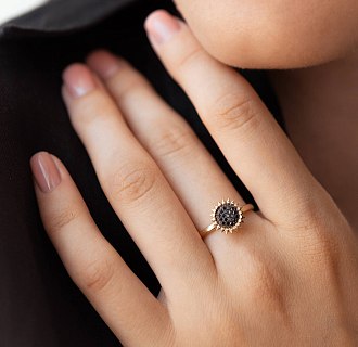 Золотое кольцо "Подсолнух" с черными бриллиантами 226153122 №6
