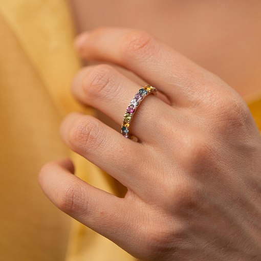 Золотое кольцо с дорожкой разноцветных камней к07582 2