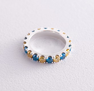 Серебряное кольцо с дорожкой голубых и желтых камней 112664 №7
