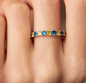 Кольцо с дорожкой голубых и желтых камней (желтое золото) к07106 №4