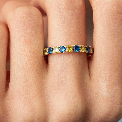 Кольцо с дорожкой голубых и желтых камней (желтое золото) к07106 4