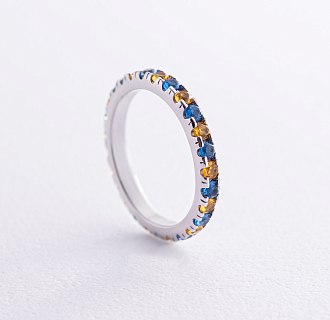 Серебряное кольцо с дорожкой голубых и желтых камней 8151