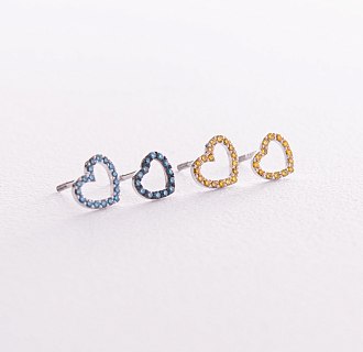 Золотые серьги - пусеты "Сердечки" с голубыми и желтыми бриллиантами 327111121 №6