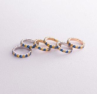 Каблучка з доріжкою блакитного та жовтого каміння (біле золото) к07108 №3