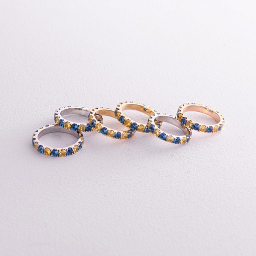 Кольцо с дорожкой голубых и желтых камней (белое золото) к07108 7