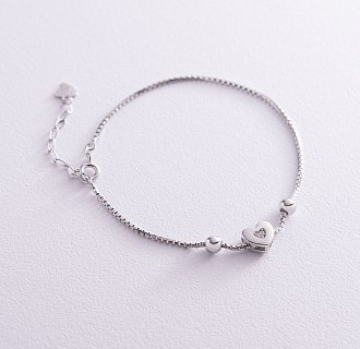 Подвійний срібний браслет з сердечком (емаль, фіаніти) 141283
