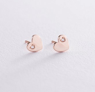 Серьги "Сердечки" в красном золоте с фианитами с06071