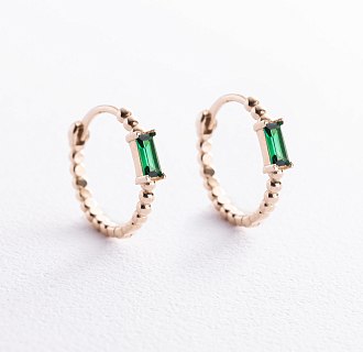 Золотые серьги - кольца "Аннабель" с зелеными фианитами с08500