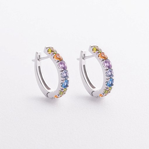 Золотые серьги с дорожкой разноцветных натуральных камней с09570