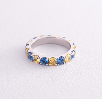 Каблучка з доріжкою блакитного та жовтого каміння (біле золото) к07108 №6