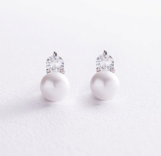 Сережки - пусети з перлами і фіанітами (біле золото) с07999
