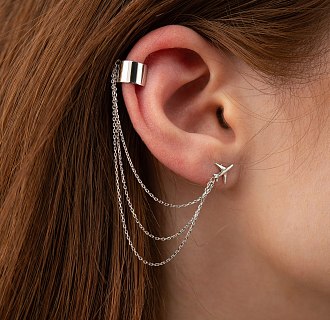 Серьга - каффа "Самолет" в белом золоте с цепочками с08387