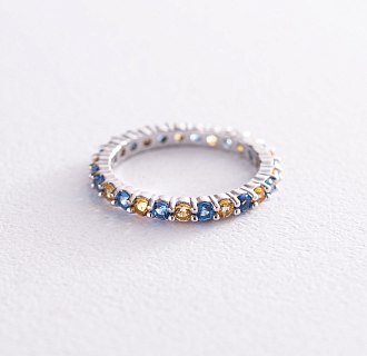 Кольцо с дорожкой голубых и желтых камней (белое золото) 815б №2