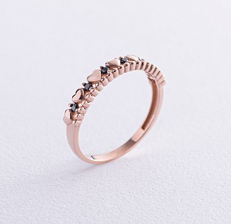 Золотое кольцо "Сердечки" с черными фианитами к07046 №3