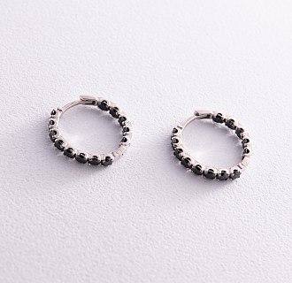 Срібні сережки - кільця з чорними фіанітами 087610 №3