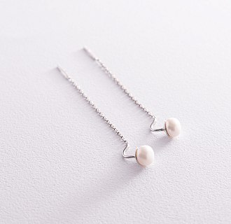 Срібні сережки - протяжки з перлами 050230 №4