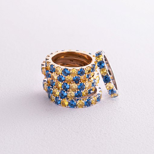 Кольцо с дорожкой голубых и желтых камней (желтое золото) к07106 6