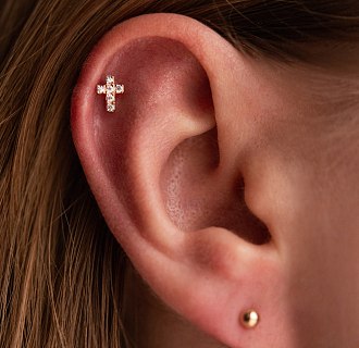 Одиночная золотая серьга для хеликса "Крестик" (фианиты) 1719ч №2