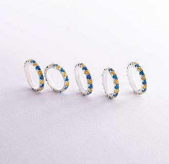 Серебряное кольцо с дорожкой голубых и желтых камней 112664 №6