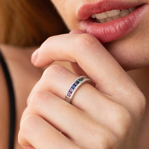 Золотое кольцо с разноцветными сапфирами и бриллиантами кб0435nl 8
