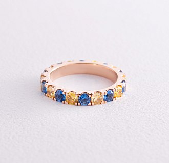 Кольцо с дорожкой голубых и желтых камней (красное золото) к07107 №3