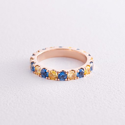 Кольцо с дорожкой голубых и желтых камней (красное золото) к07107 3