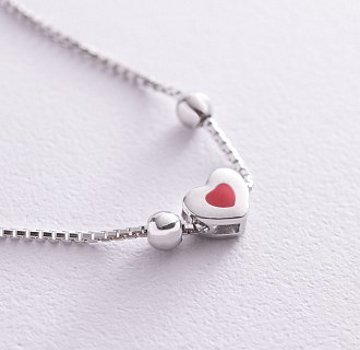 Подвійний срібний браслет з сердечком (емаль, фіаніти) 141283 №3