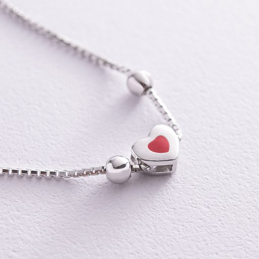 Подвійний срібний браслет з сердечком (емаль, фіаніти) 141283 3